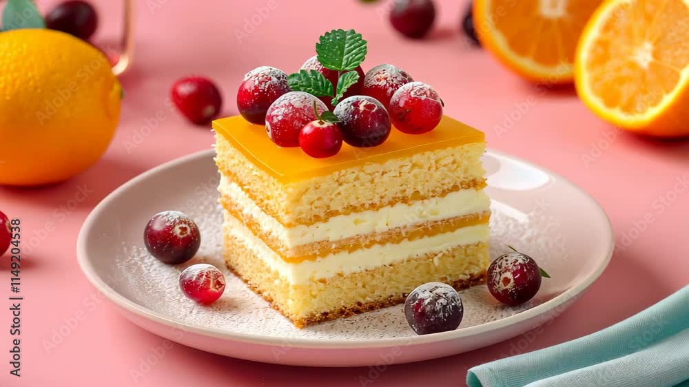 A moist orange cranberry cake, bursting with fruity flavors, displayed on a clean, minimalist background for a vibrant look. A moist orange cranberry cake, bursting with fruity flavors, displayed on a clean, minimalist background for a vibrant look.