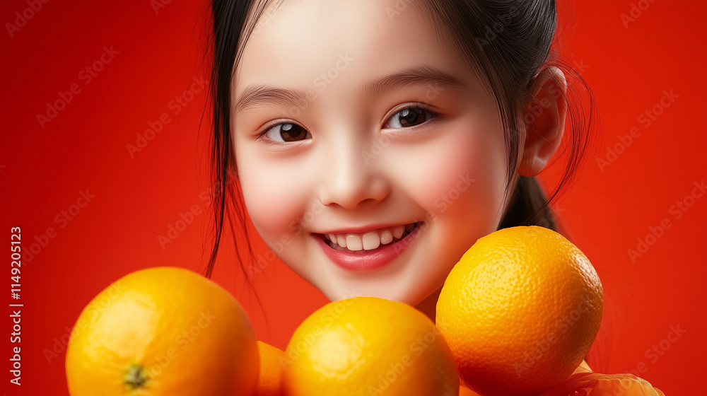Both the English and Chinese titles convey the essence of the image - a young girl, oranges, a red background, and the festive mood. Both the English and Chinese titles convey the essence of the image - a young girl, oranges, a red background, and the festive mood.