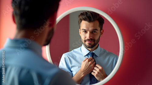 Wallpaper Mural A young man meticulously adjusts his tie, gazing intently at his reflection in a circular mirror against a vibrant red backdrop.  He exudes confidence and preparation. Torontodigital.ca