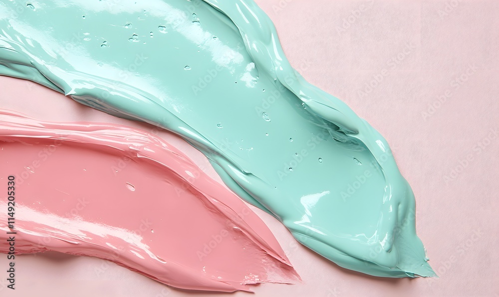 Textured turquoise, pink paint streaks on pastel pink background. Textured turquoise, pink paint streaks on pastel pink background.