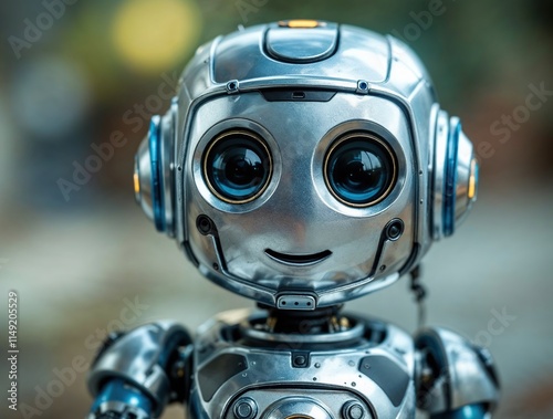 Adorable robot with a smile and big expressive eyes, futuristic cute robot with human features on his face on a blurred background photo