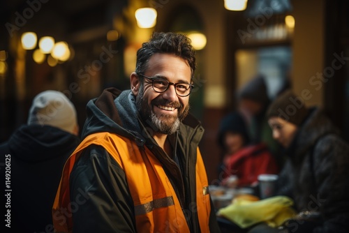 A volunteer distributing food to the homeless in an urban setting