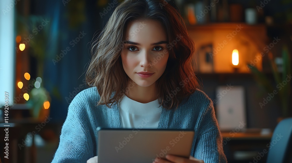 Engaging woman using tablet at home cozy environment indoor scene Engaging woman using tablet at home cozy environment indoor scene