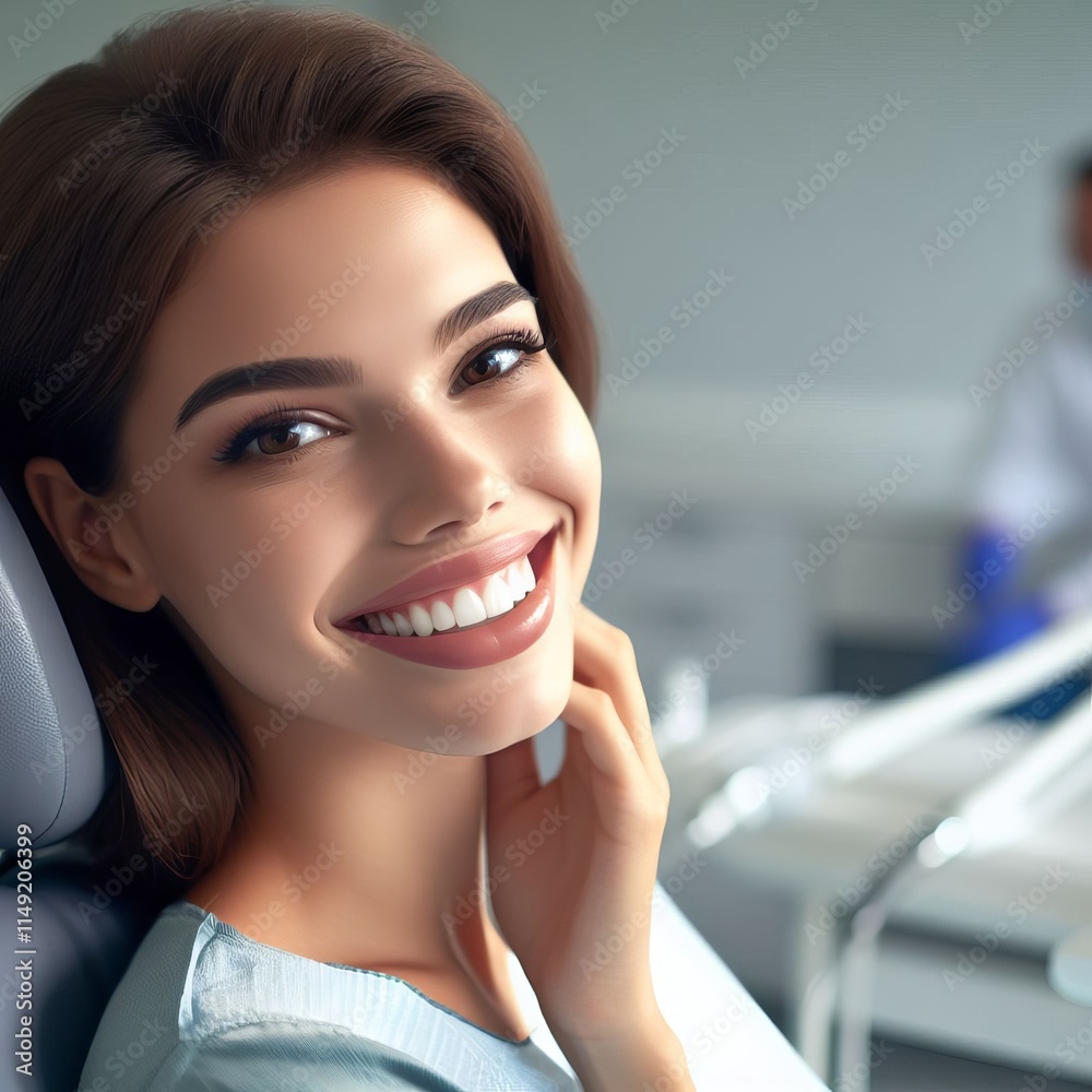 Portrait of a smiling woman in clinic, showcasing her tooth for treatment