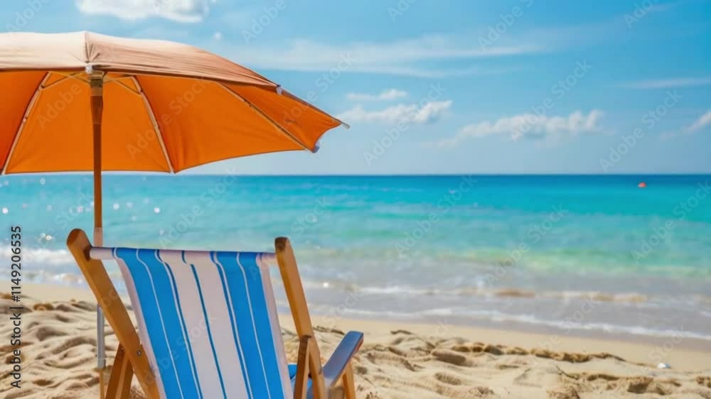 Relaxing beach scene with colorful umbrellas and a pristine ocean under a sunny sky Relaxing beach scene with colorful umbrellas and a pristine ocean under a sunny sky