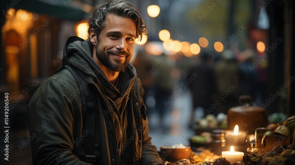 A volunteer distributing food to the homeless in an urban setting A volunteer distributing food to the homeless in an urban setting