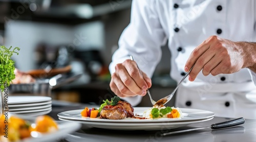 A skilled chef artfully plates a gourmet dish with precision, showcasing the intricate balance of flavors and presentation.