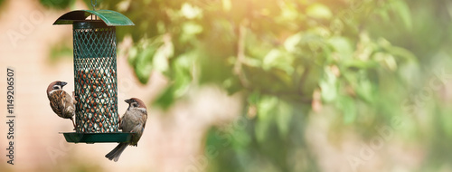 Photos Eating, seed and banner with bird feeder in nature for birdwatching, environment and zoology