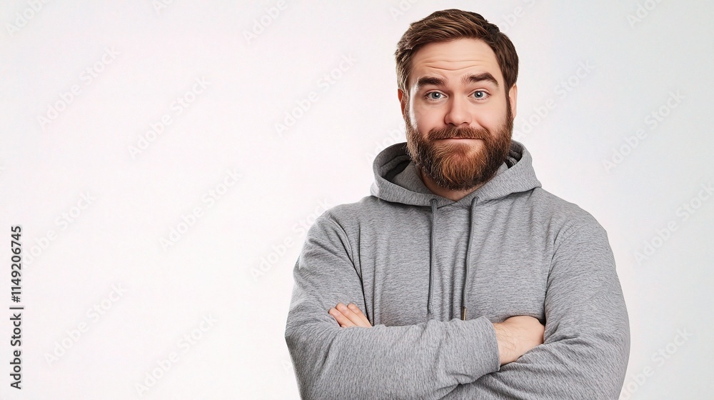 Happy Young Man with Beard Wearing Grey Hood Smiling Cheerfully Happy Young Man with Beard Wearing Grey Hood Smiling Cheerfully