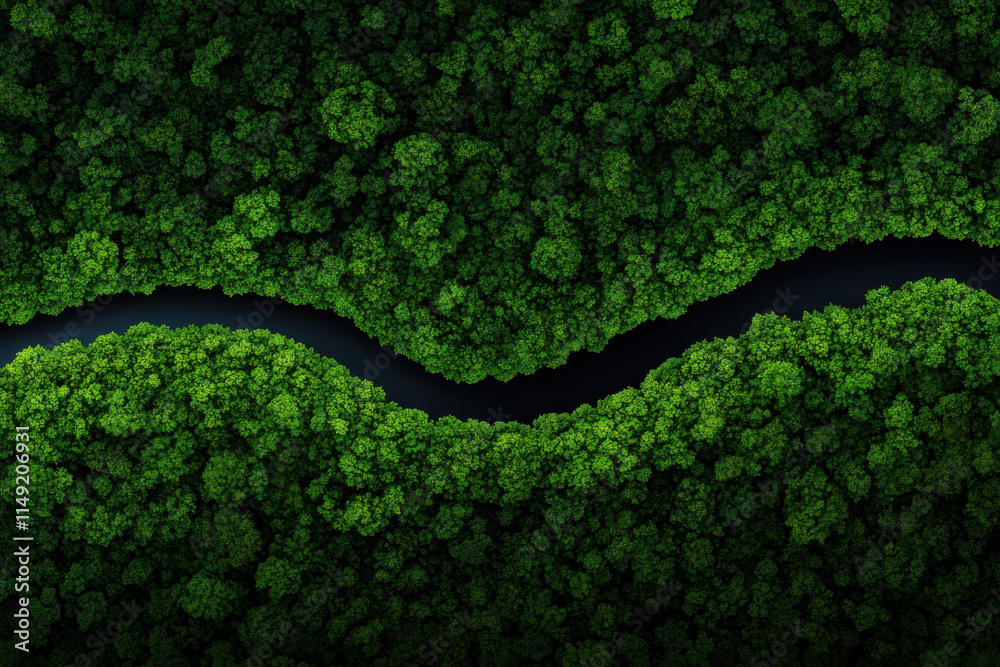 Obraz premium A green forest with a river running through it