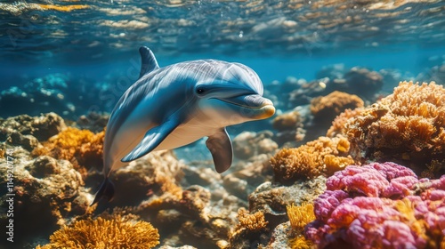 A dolphin glides gracefully underwater, exploring the ocean's wonders among vibrant coral reefs. It's a captivating display of marine life's beauty. Ideal for ocean - themed media, wildlife photograph photo