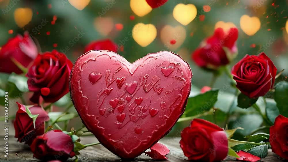 A red heart surrounded by roses, creating a romantic atmosphere