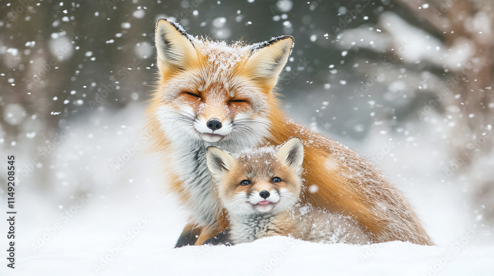 Obraz premium Adorable fox family in the winter, a mother fox and her baby cub in the snow, showcasing wildlife love and motherhood in a cute and happy little child portrait.