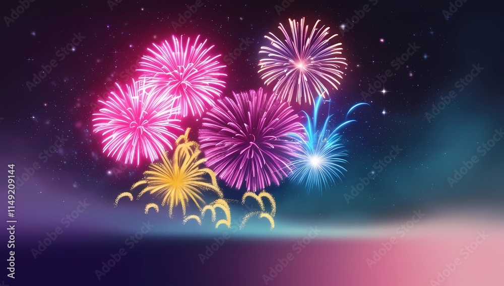 Fototapeta premium Blurred neon fireworks in pink, blue, and yellow hues on a dark gradient background for a vibrant New Year vibe