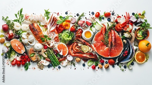 A detailed arrangement of gourmet meals, showcasing authentic culinary textures and vibrant colors on a bright white background  photo