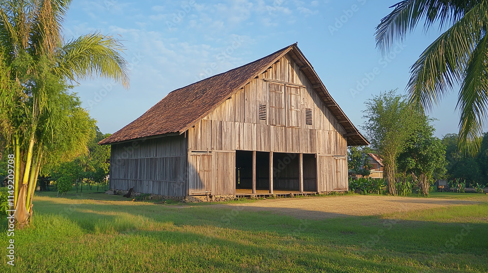 Obraz premium Old wooden barn, a rustic building for harvest storage and wheat seed, located in the countryside, traditional agriculture ranch house for farming.