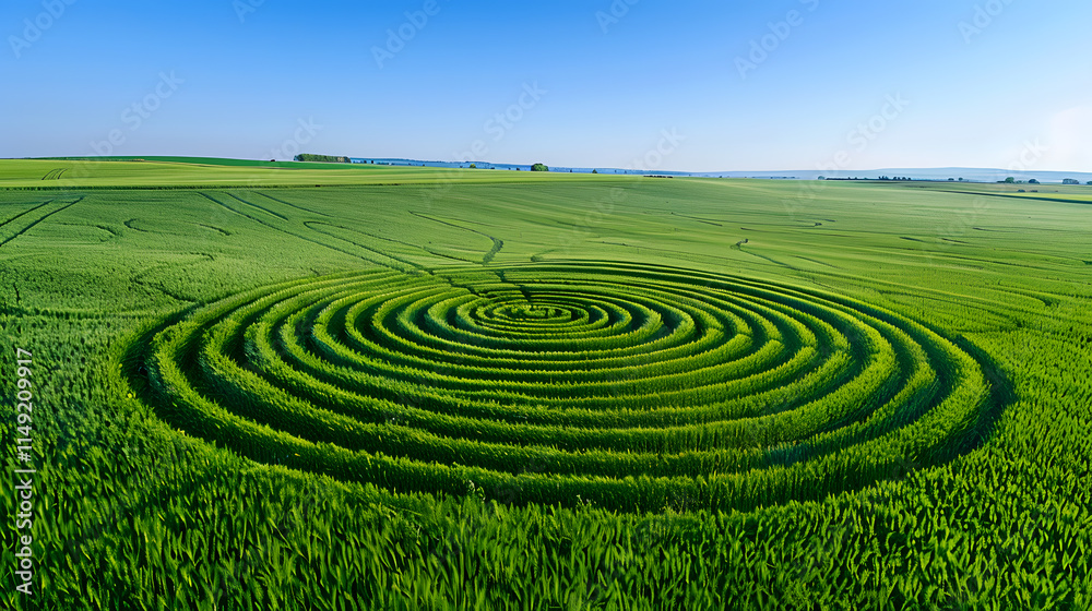 A mesmerizing aerial view captures a concentric crop circle design in a vibrant green field under a clear blue sky, showcasing the beauty of nature and intricate patterns A mesmerizing aerial view captures a concentric crop circle design in a vibrant green field under a clear blue sky, showcasing the beauty of nature and intricate patterns