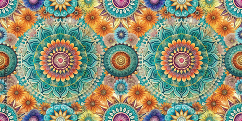 Colorful floral mandala design featuring intricate patterns and vibrant hues.