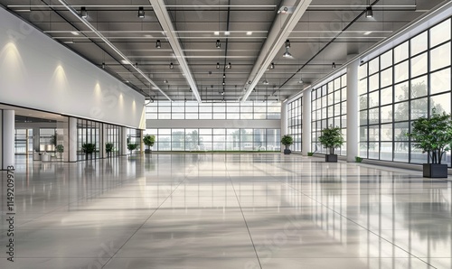 A large, empty room with a lot of windows and a few potted plants