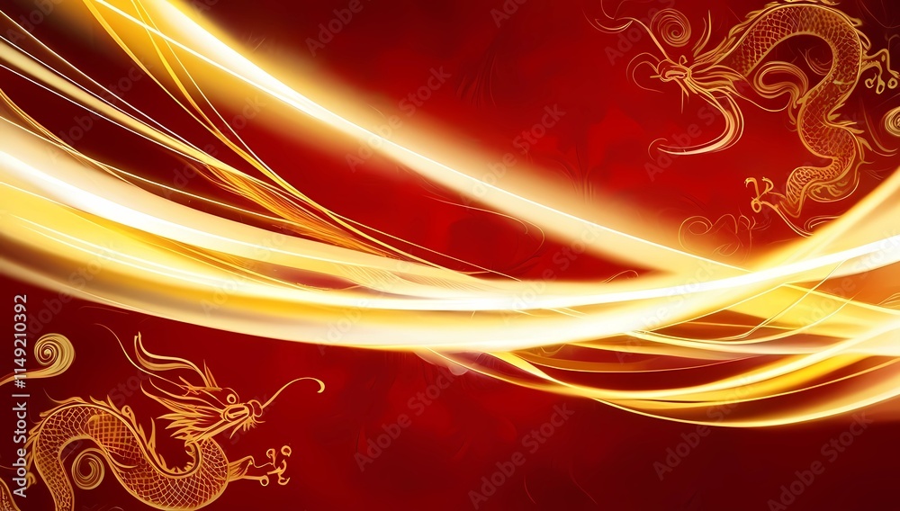Abstract golden light trails layered over a crimson backdrop with subtle dragon dance accents for Chinese New Year Abstract golden light trails layered over a crimson backdrop with subtle dragon dance accents for Chinese New Year