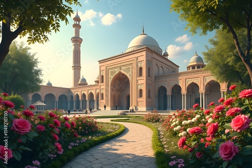 The exterior of this magnificent Middle Eastern-style mosque is in the middle of a shady garden with colorful flowers, a soft atmosphere of soft light. photo