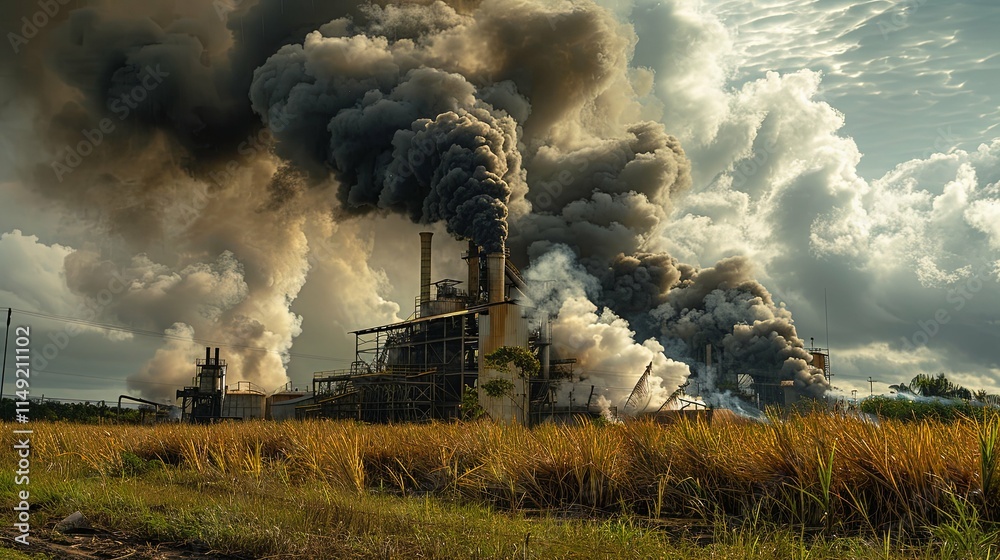 Fototapeta premium Industrial Plant Spewing Thick Black Smoke into Cloudy Sky