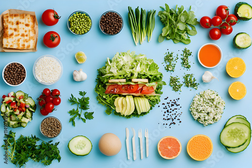 Flat lay picturr of vegetables and fruits with blue background.  photo