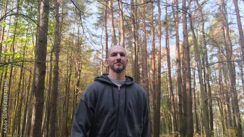 A man walking on a path in an autumn forest A man walking on a path in an autumn forest