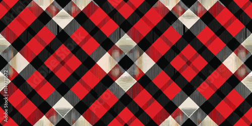 A vibrant red and black plaid pattern with diagonal lines and diamond shapes creates a bold textile design.