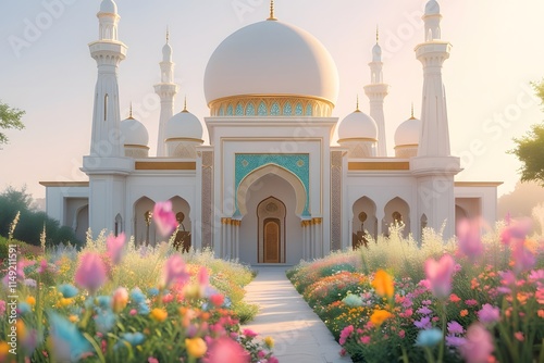 The exterior of this magnificent Middle Eastern-style mosque is in the middle of a shady garden with colorful flowers, a soft atmosphere of soft light. photo