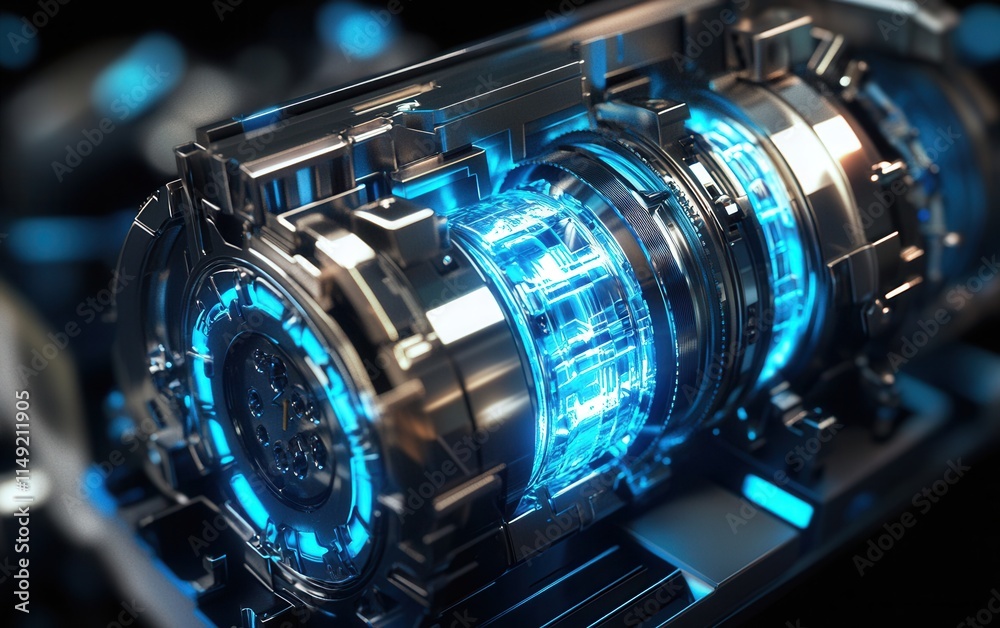 Futuristic Glowing Blue Tech Engine Close-up of Advanced Metallic Machinery with Neon Lights Futuristic Glowing Blue Tech Engine Close-up of Advanced Metallic Machinery with Neon Lights