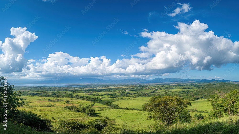 Panoramic Green Landscape with Blue Sky, White Clouds, and Majestic Mountains in the Background - Serene Nature Scenery Panoramic Green Landscape with Blue Sky, White Clouds, and Majestic Mountains in the Background - Serene Nature Scenery