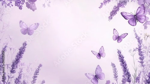 Serene Lavender Floral Frame with Purple Butterflies Elegant Botanical Background for Wedding Invitations, Greeting Cards, and Digital Designs.