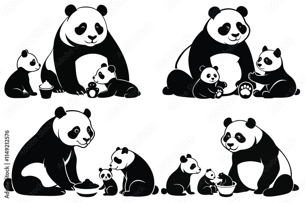 Fototapeta premium set of black silhouette Cute panda family white background