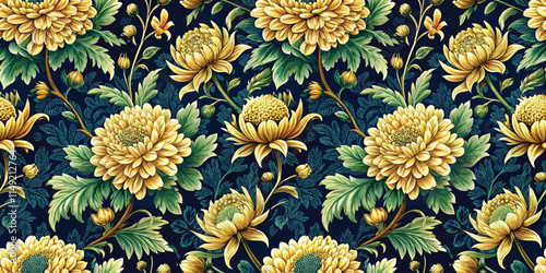 Elegant floral pattern featuring yellow chrysanthemums and green foliage on a dark background.