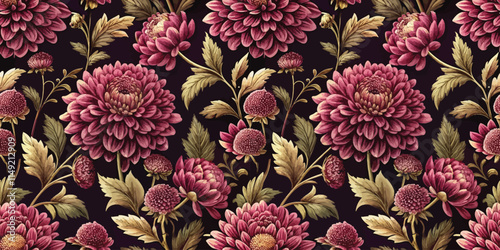 Intricate floral pattern featuring burgundy chrysanthemums against a dark background.