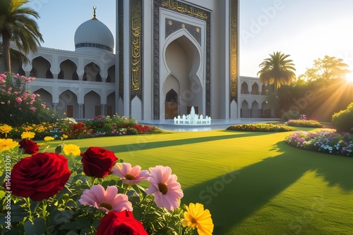 The exterior of this magnificent Middle Eastern-style mosque is in the middle of a shady garden with colorful flowers, a soft atmosphere of soft light. photo