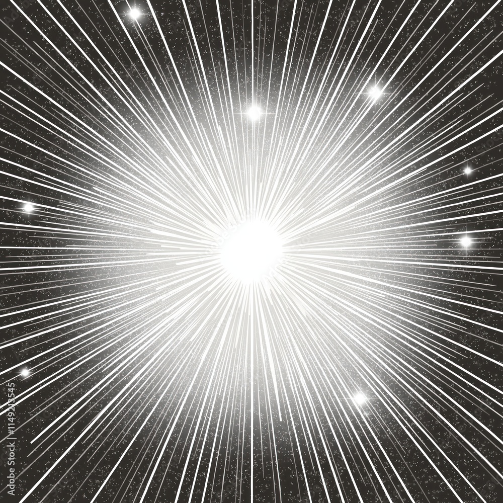 Obraz premium Bright white light radiates outwards. Starlight bursts from center. Abstract design with radiating lines. Powerful light explosion. Cosmic illustration. Suitable for space, celebration, abstract