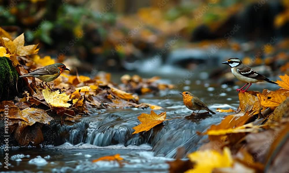 Autumn Serenity: Robins and Stream Autumn Serenity: Robins and Stream