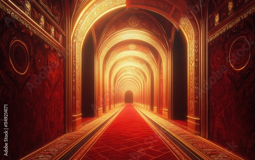 Luxurious Red and Gold Archway Corridor  Digital 3D Render of Opulent Palace Interior with Intricate Details and Glowing Light photo