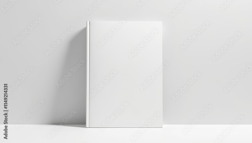 Softcover magazine mockup standing upright against a light gray wall with a blank cover design Softcover magazine mockup standing upright against a light gray wall with a blank cover design