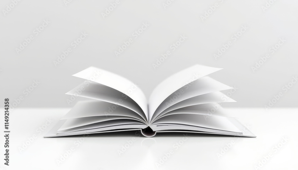 Open softcover magazine mockup with blank pages displayed on a clean white surface Open softcover magazine mockup with blank pages displayed on a clean white surface