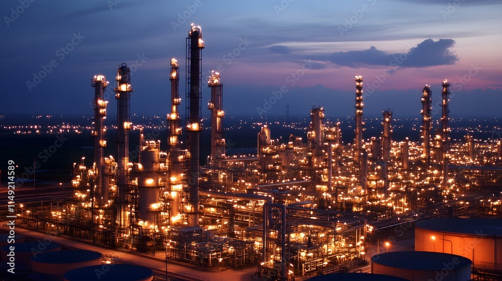 Fototapeta premium A city skyline at night with many tall buildings and a large industrial area. The sky is cloudy and the sun is setting