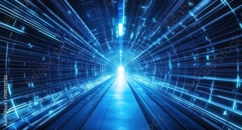 Futuristic blue digital tunnel with glowing lines and moving walkway.