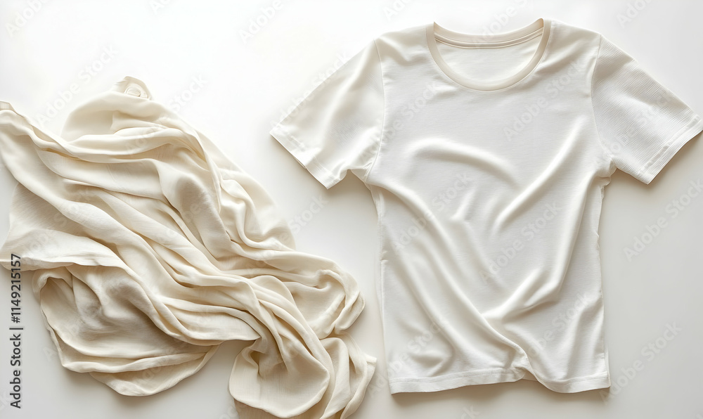 A white t-shirt and a draped fabric on a light background, showcasing simplicity and style. A white t-shirt and a draped fabric on a light background, showcasing simplicity and style.