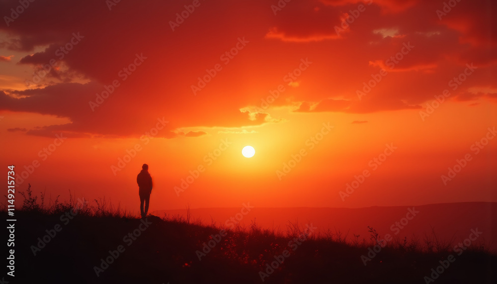 Person silhouette standing at sunset with vibrant orange sky and glowing sun on horizon Person silhouette standing at sunset with vibrant orange sky and glowing sun on horizon