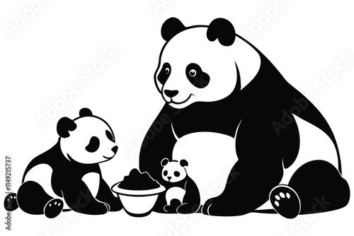 black silhouette  Cute Panda Family Mother and baby white background