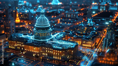 Illuminated US Capitol Building at Night within a Futuristic Cityscape