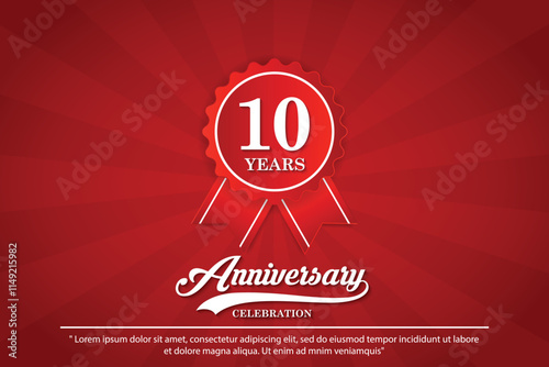 10th years anniversary celebration emblem. elegant golden anniversary logo isolated with red ribbon and medal badge on red background. vector illustration