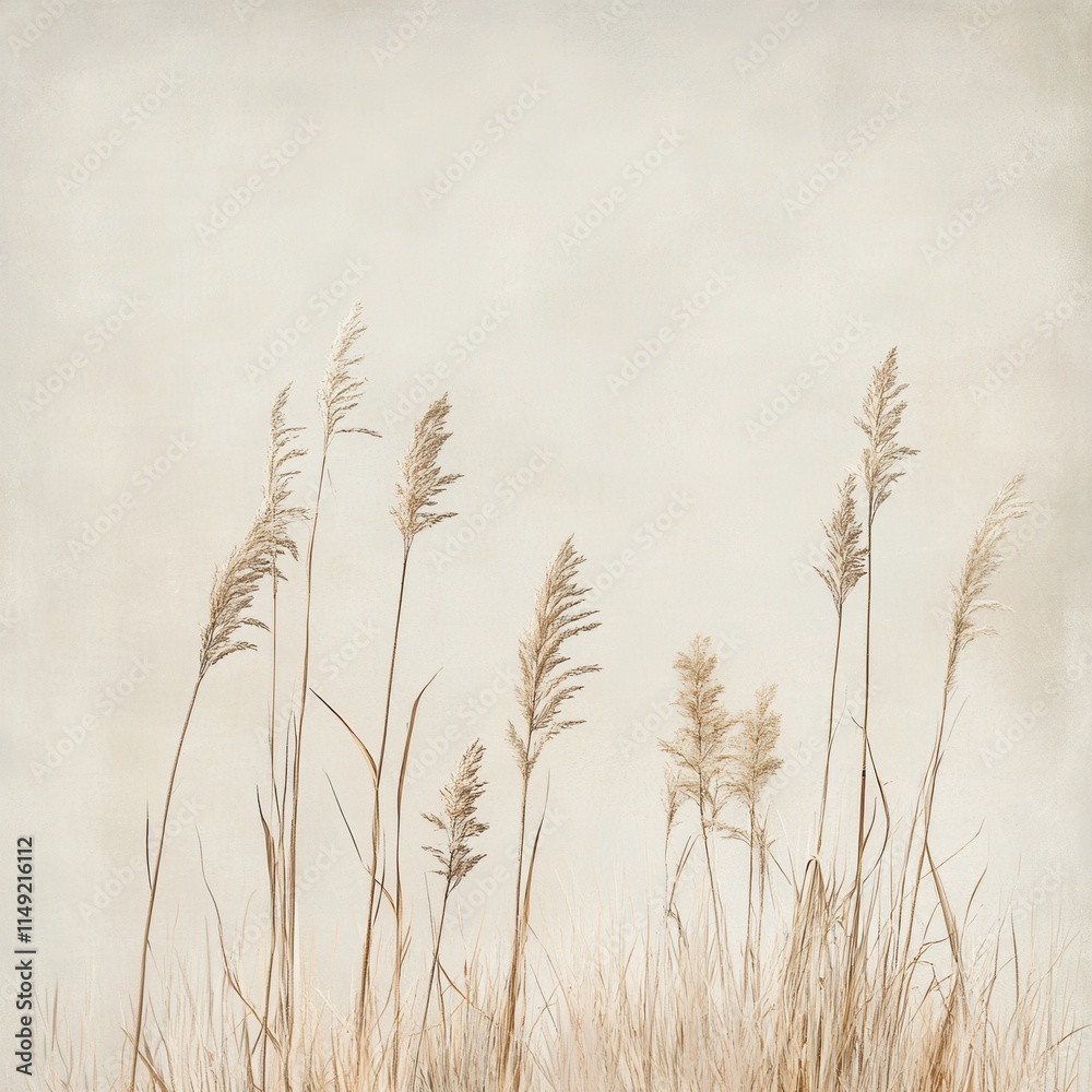 Obraz premium Serene Beige Grass Meadow Minimalist Nature Photography with Dried Reeds and Textured Background for Design